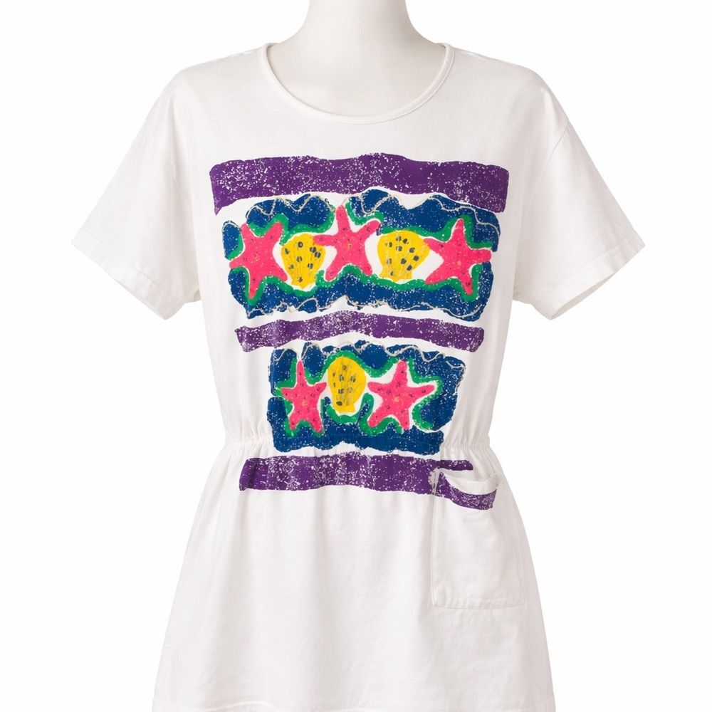 Vintage 90s Beach Starfish T Shirt Dress Cinch Waist White USA-OS